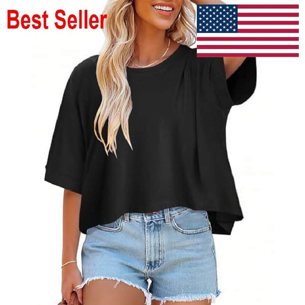 Oversized Half Sleeve Crop Top Casual Chic Y2K Minimal Summer Blouse - Picture 4 of 7